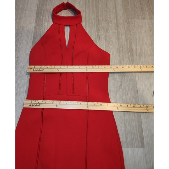 NICHOLAS Red Halter Neck Keyhole Maxi Dress Ladder Stitch Detail Formal Gown 4 - Picture 6 of 13